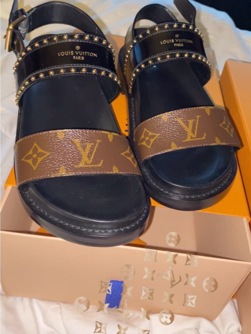 Louis Vuitton Black Leather & Brown Monogram Studded Sandals - Picture 1 of 1